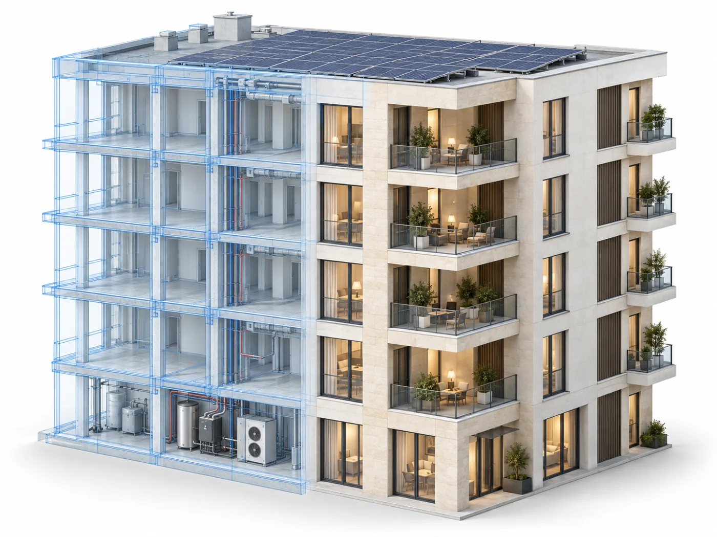 Wohngebäude mit halbtransparenter digitaler Struktur und realistischer Fassade